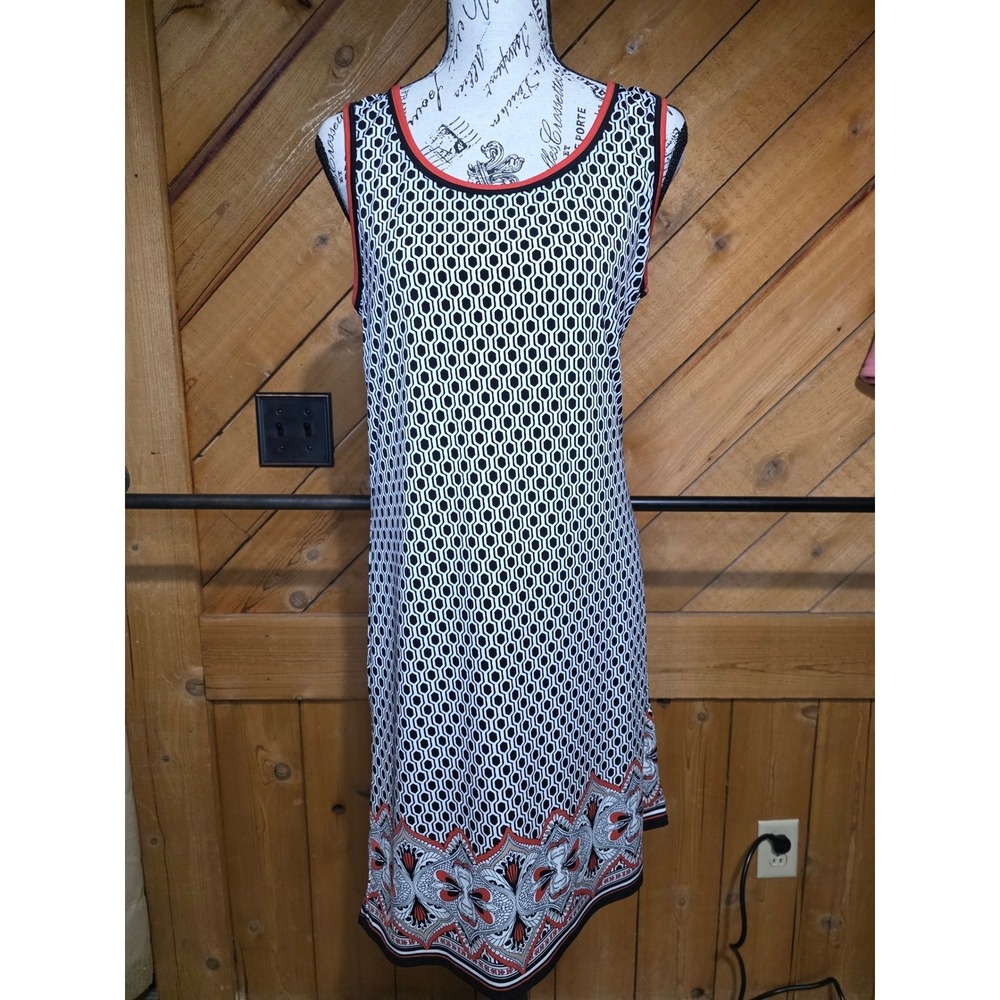 Max Studio Womens Sleeveless Geometric Honeycomb Print Shift Dress Orange Trim S